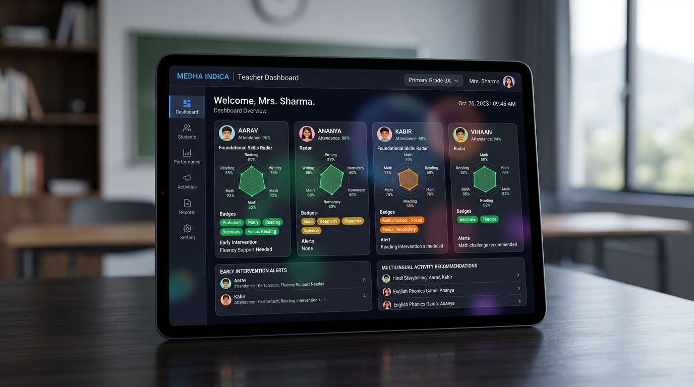 Medha Indica teacher dashboard software UI displayed on tablet