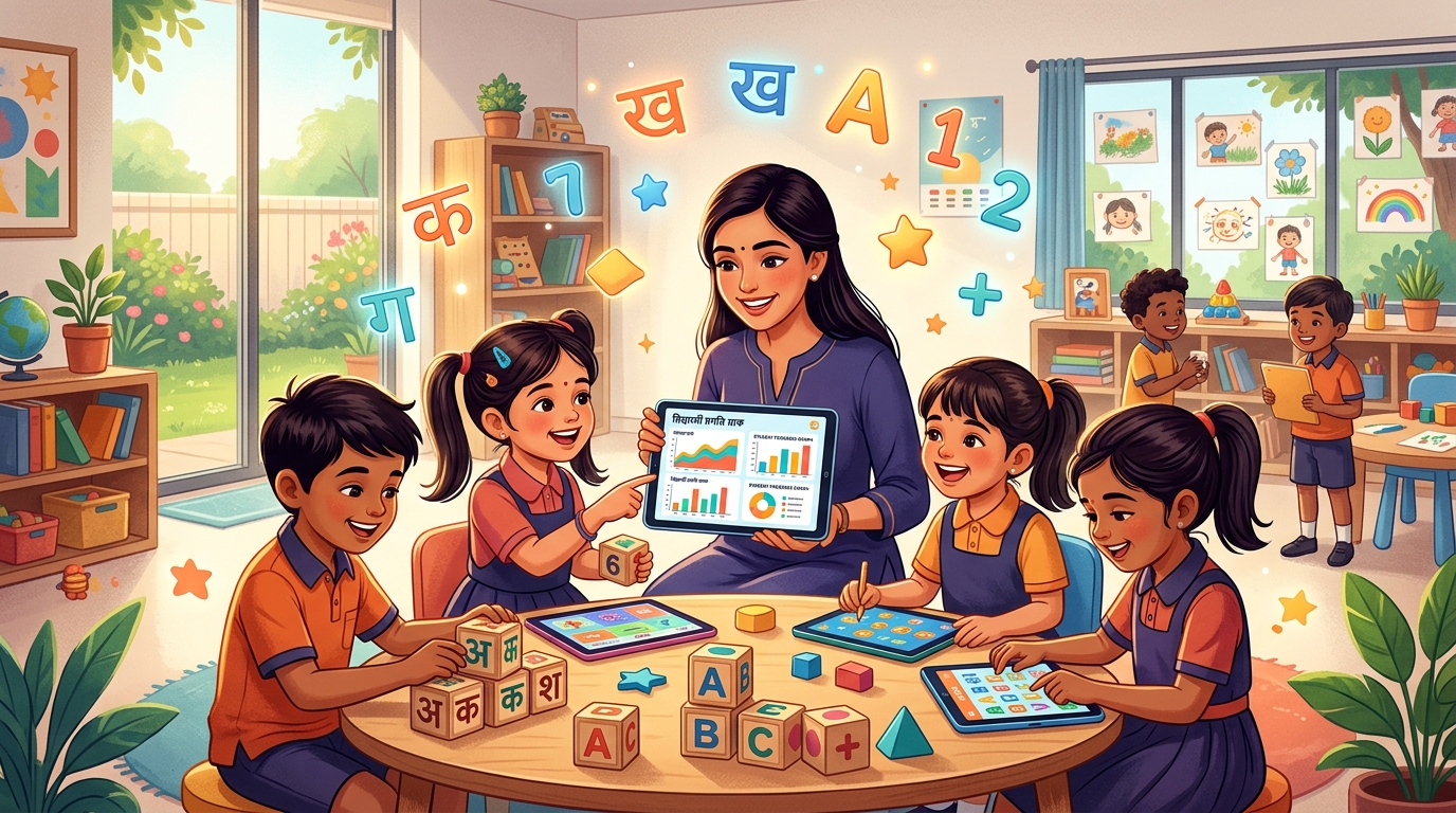 Indian early childhood classroom with engaged teacher and children learning foundational skills